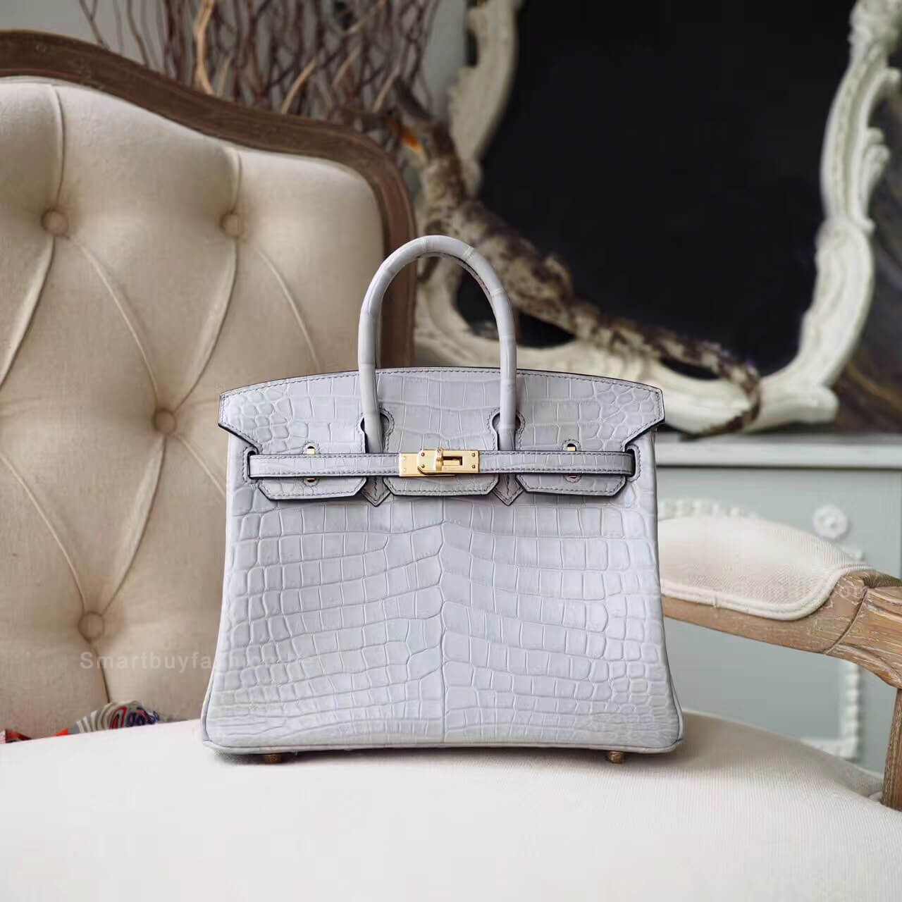 Hermes Birkin 25 Bag in ck80 Pearl Grey Matte Nile Croc GHW